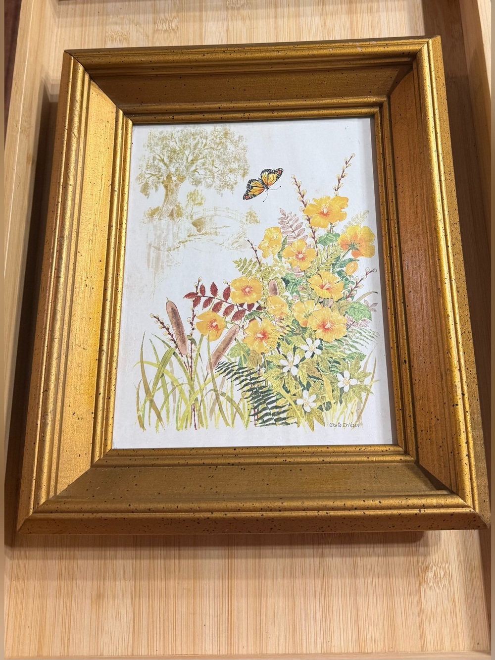 Vtg Gloria Eriksen Floral Butterfly Print Home Interior 11x13” Gold Wood Framed